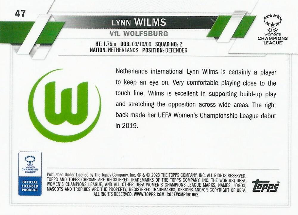 2022 Topps Chrome UCC Women's Lynn Wilms FS RC #47 VfL Wolfsburg