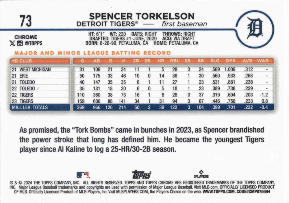 2024 Topps Chrome Spencer Torkelson Detroit Tigers #73