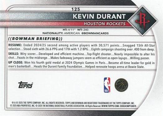 2025 Topps Bowman Kevin Durant #125 Houston Rockets