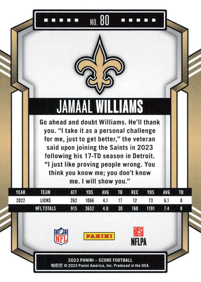 2023 Panini Score Football Jamaal Williams New Orleans Saints #80