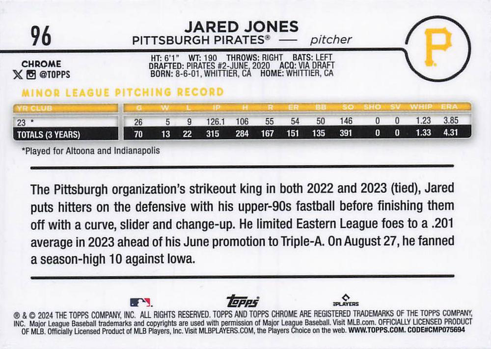 2024 Topps Chrome Jared Jones RC Pittsburgh Pirates #96