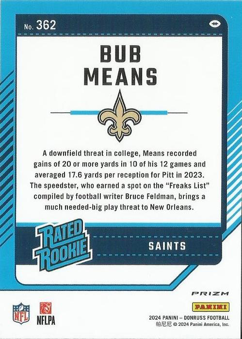2024 Panini Donruss Optic Rated Rookies Preview Pink Bub Means #362 New Orleans Saints