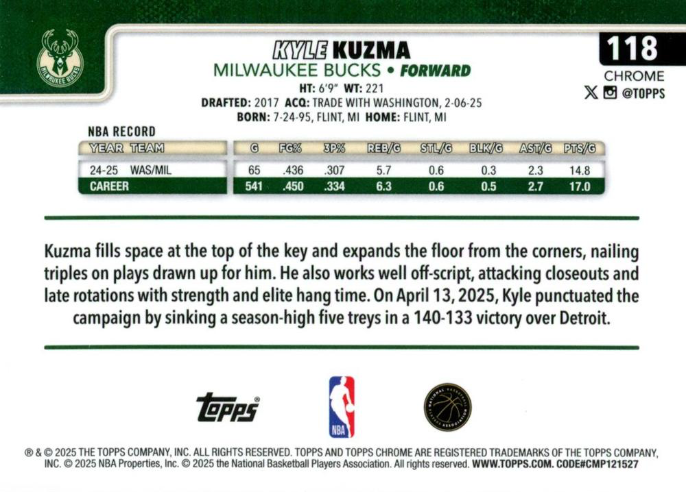 2025 Topps Chrome NBA Kyle Kuzma #118 Milwaukee Bucks