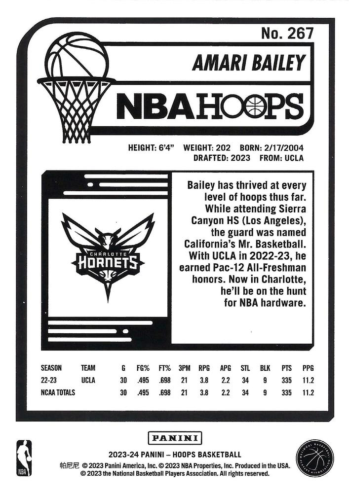 2023 Panini Hoops Amari Bailey RC #267 Charlotte Hornets