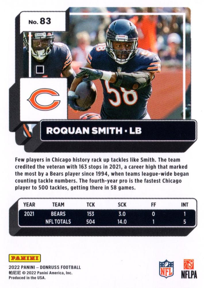 2022 Panini Donruss Roquan Smith #83 Chicago Bears