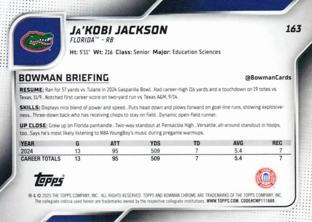 2025 Topps Bowman U Chrome Ja'Kobi Jackson 1st #163 Florida Gators