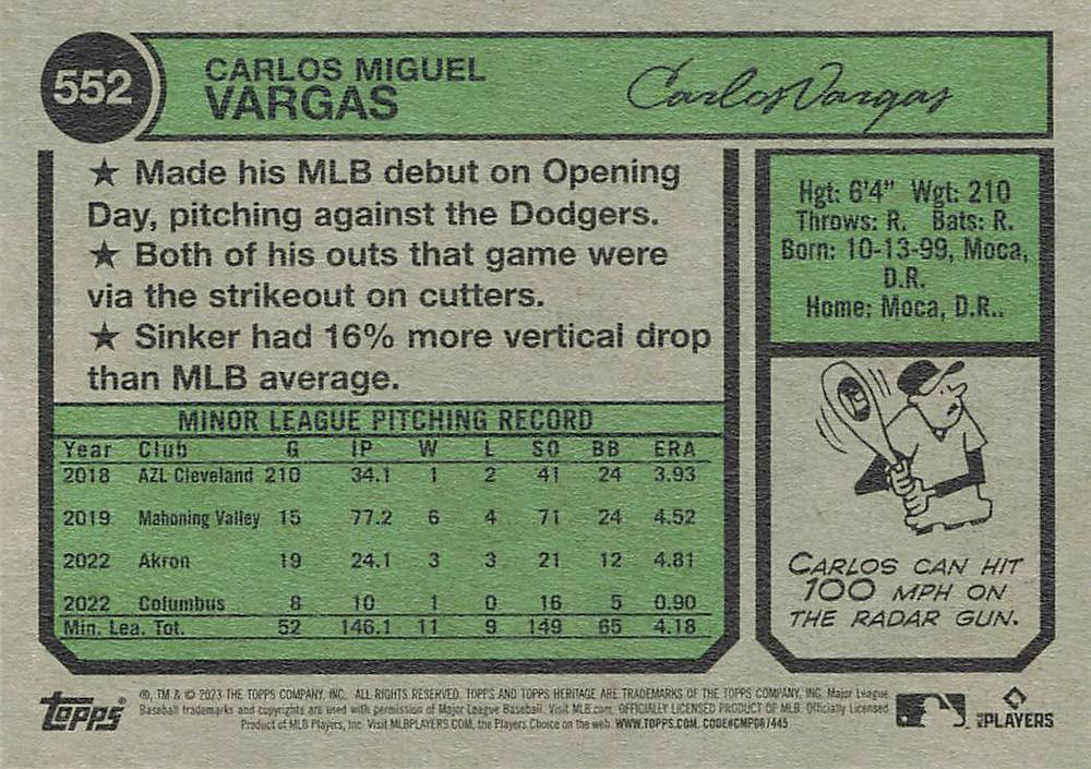 2023 Topps Heritage Carlos Vargas RC Arizona Diamondbacks #552