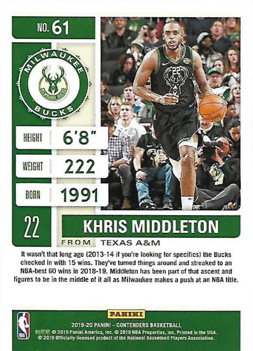 2019 Panini Contenders Khris Middleton #61 Milwaukee Bucks