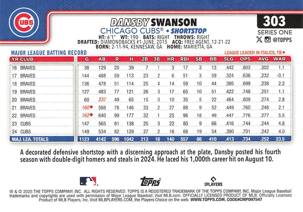 2025 Topps Series 1 Dansby Swanson Chicago Cubs #303