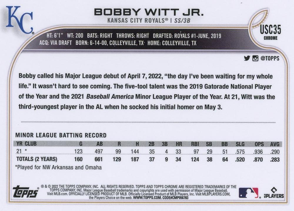 2022 Topps Chrome Update Bobby Witt Jr. RC #USC35 Kansas City Royals