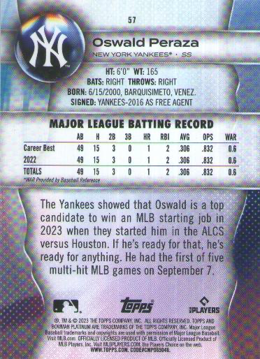 2023 Topps Bowman Platinum Oswald Peraza RC New York Yankees #57