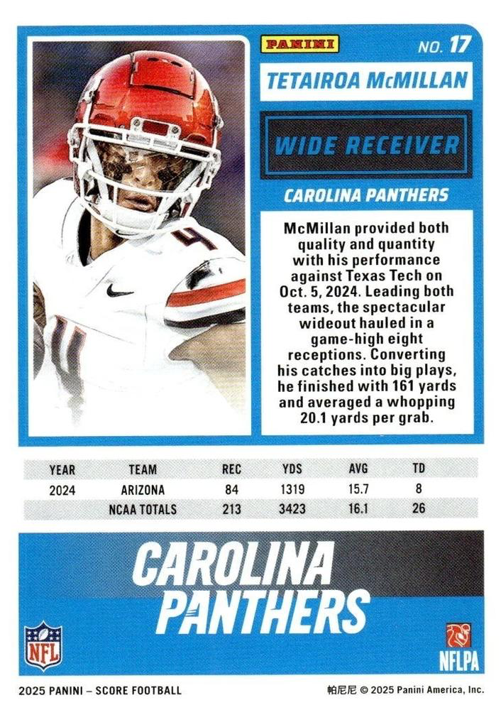 2025 Panini Score Tetairoa McMillan RC #17 Carolina Panthers