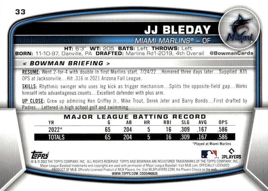 2023 Topps Bowman JJ Bleday RC Miami Marlins #33