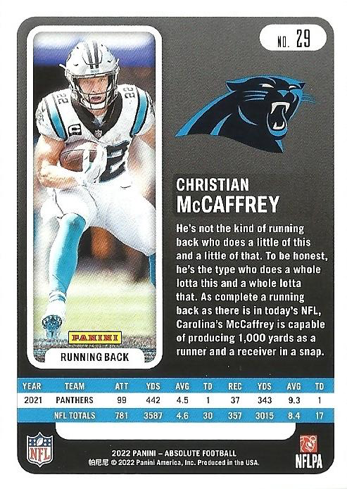 2022 Panini Absolute Christian McCaffrey #29 Carolina Panthers
