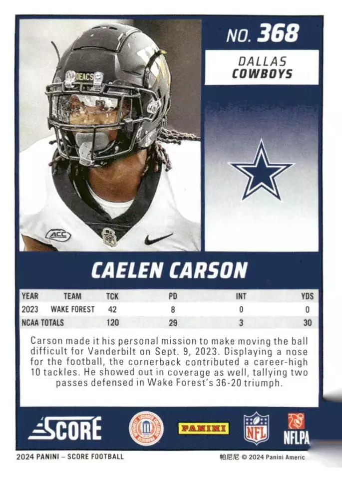 2024 Panini Score Football Caelen Carson Dallas Cowboys #368 RC