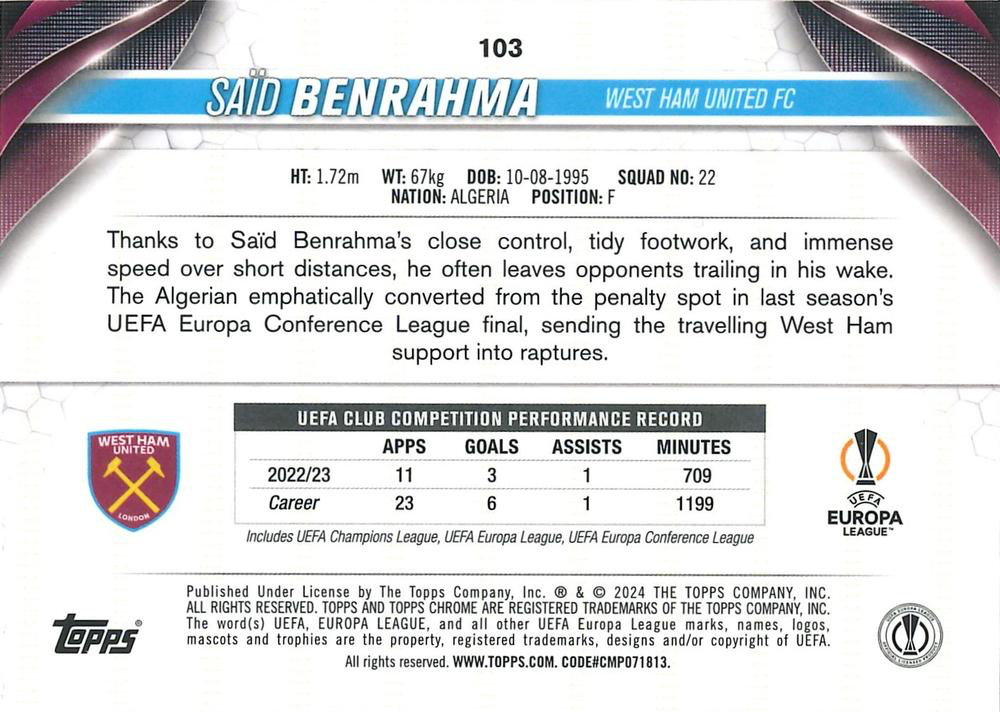 2023 Topps Chrome UEFA Club Competitions Saïd Benrahma #103 West Ham United