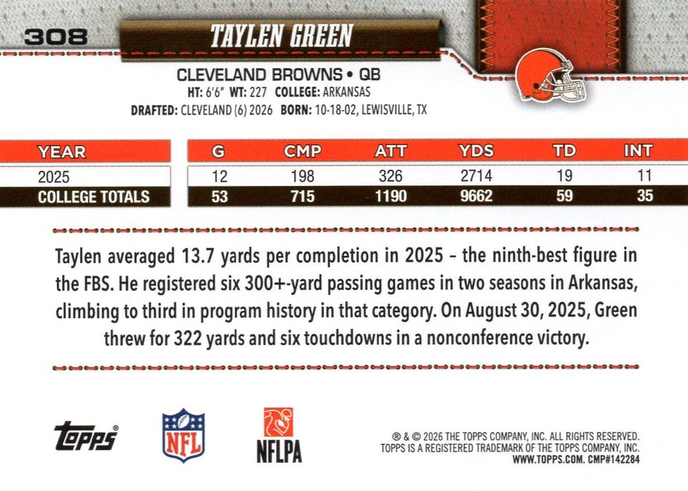 2026 Topps Flagship RC Taylen Green #308 Cleveland Browns