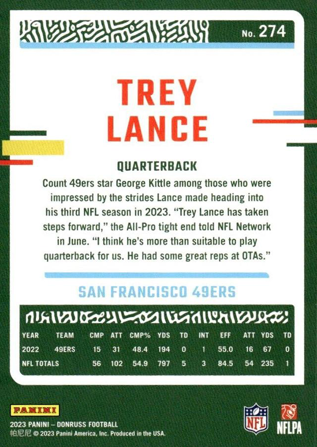 2023 Panini Donruss Trey Lance #274 San Francisco 49ers