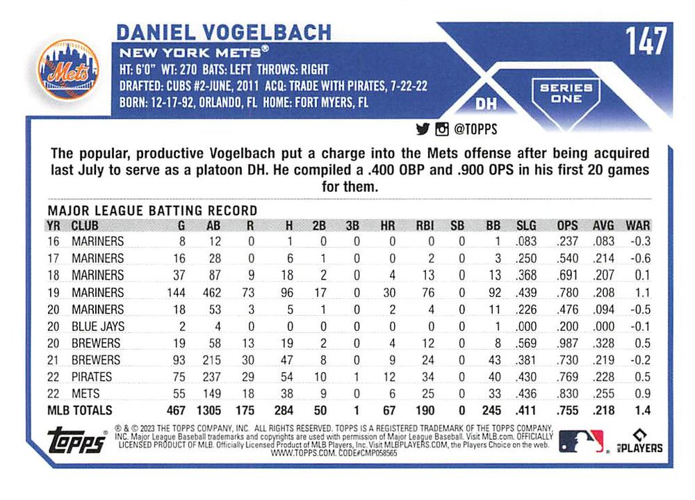 2023 Topps Series 1 Daniel Vogelbach New York Mets #147