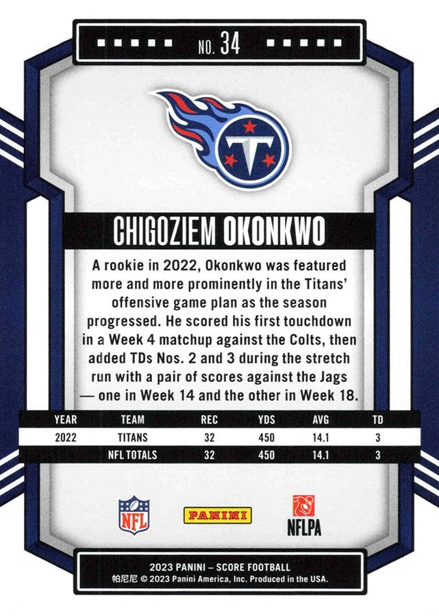 2023 Panini Score Football Chigoziem Okonkwo Tennessee Titans #34