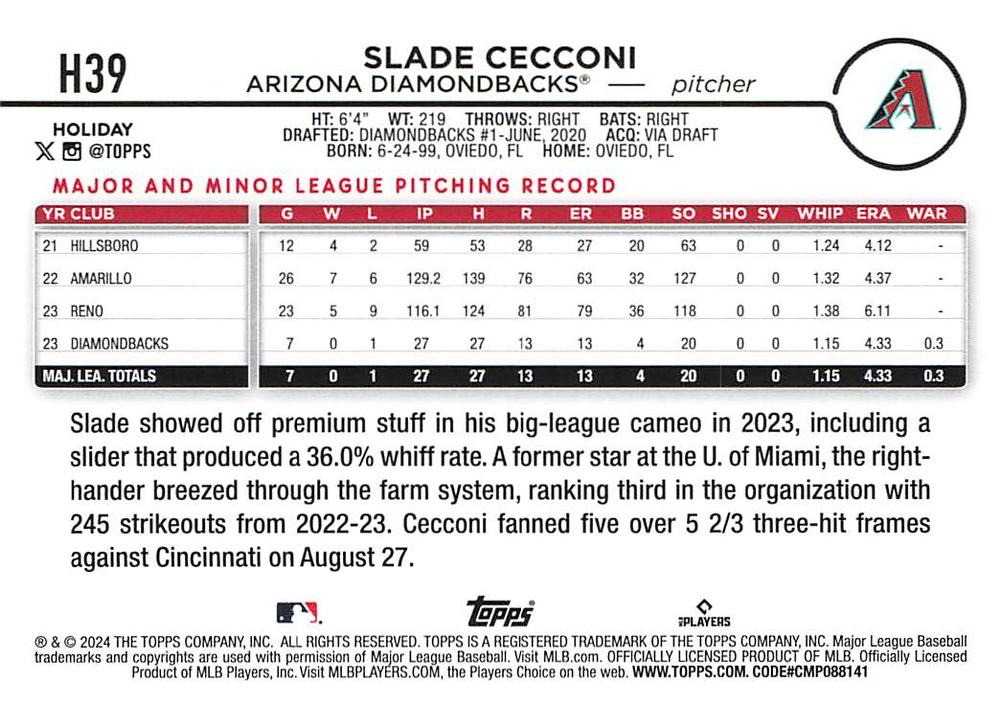 2024 Topps Holiday Slade Cecconi RC Arizona Diamondbacks #H39