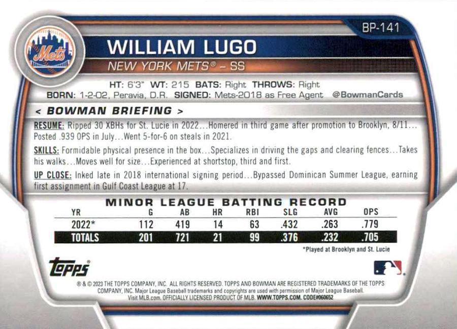 2023 Topps Bowman Paper Prospects William Lugo 1st New York Mets #BP-141