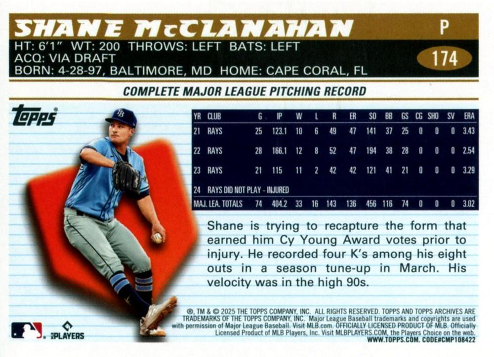 2025 Topps Archives Shane McClanahan #174 Tampa Bay Rays