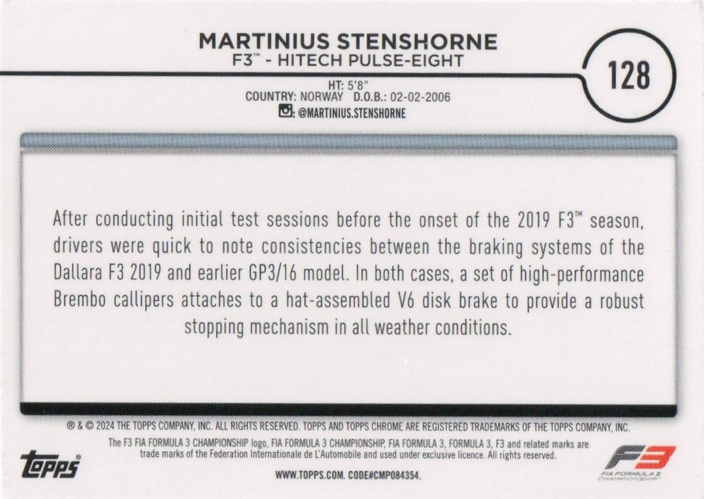 2024 Topps Chrome Formula 1 Checker Flag Refractor Martinius Stenshorne F3C #128 HiTech Pulse-Eight