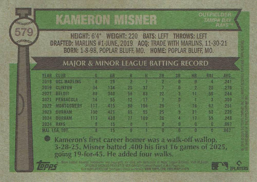 2025 Topps Heritage Kameron Misner RC #579 Tampa Bay Rays