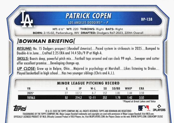 2026 Topps Bowman Prospects Patrick Copen 1st #BP-138 Los Angeles Dodgers