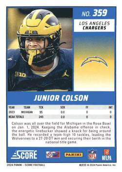 2024 Panini Score Football Junior Colson Los Angeles Chargers #359 RC