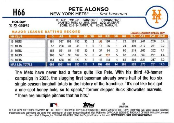 2024 Topps Holiday Silver Glitter Pete Alonso New York Mets #H66