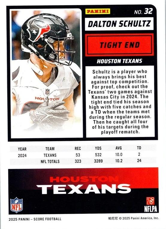 2025 Panini Score Dalton Schultz #32 Houston Texans