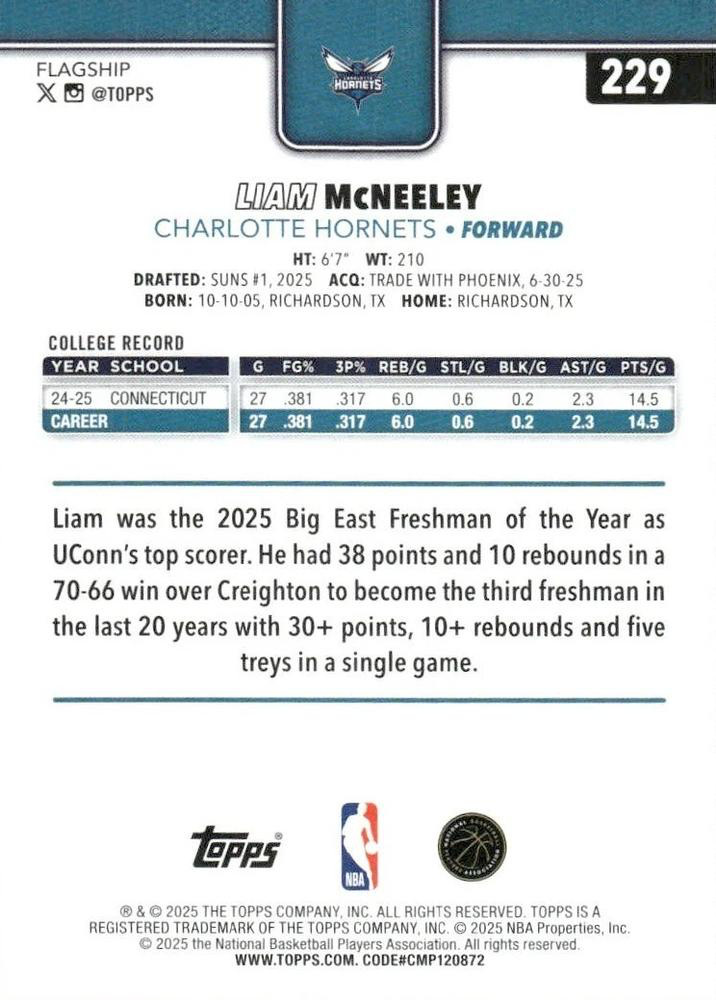 2025 Topps NBA Liam McNeeley RC #229 Charlotte Hornets