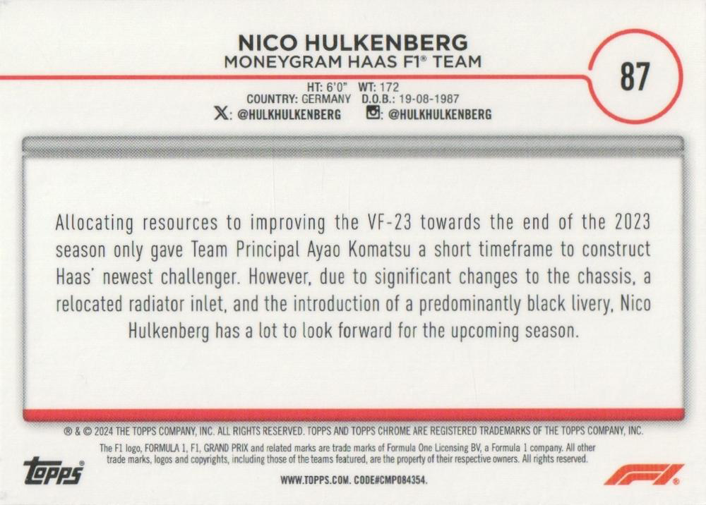2024 Topps Chrome Formula 1 Nico Hulkenberg F1C #87 Moneygram Haas F1 Team