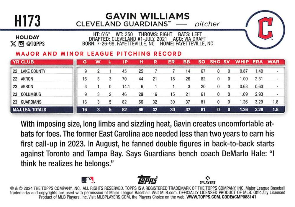 2024 Topps Holiday Gavin Williams RC Cleveland Guardians #H173