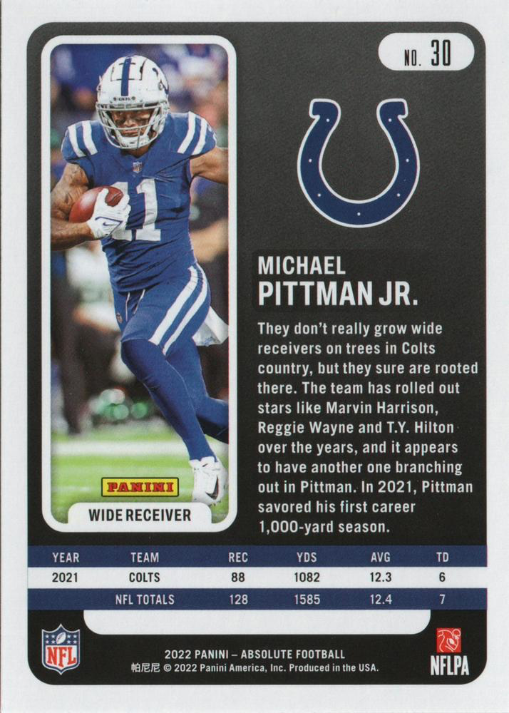 2022 Panini Absolute Michael Pittman Jr. #30 Indianapolis Colts