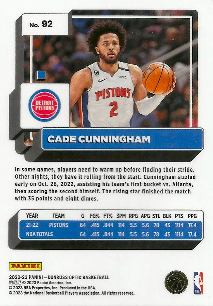 2022 Panini Donruss Optic Cade Cunningham #92 Detroit Pistons