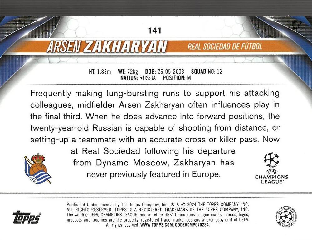 2023 Topps UCC Arsen Zakharyan RC #141 Real Sociedad