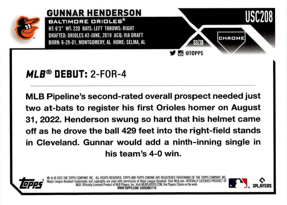 2023 Topps Chrome Update Gunnar Henderson RD Baltimore Orioles #USC208