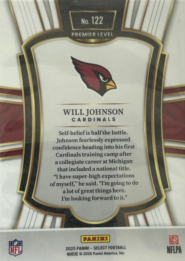 2025 Panini Select Will Johnson RC #122 Arizona Cardinals
