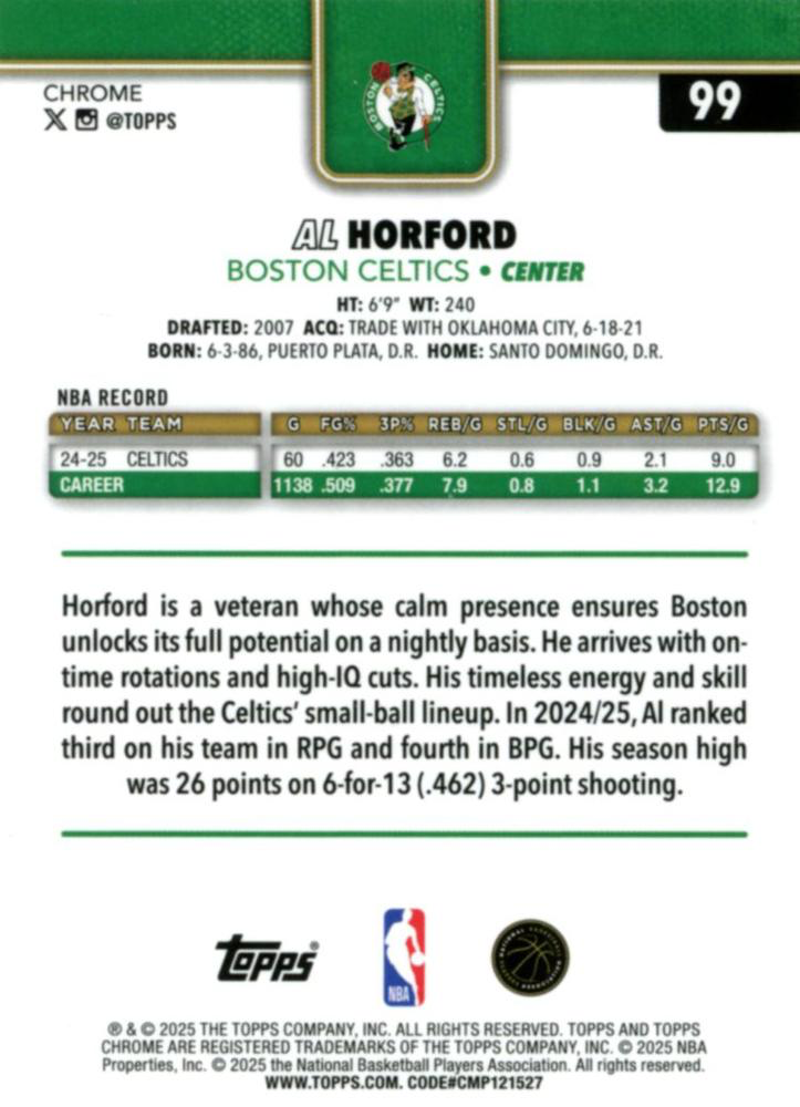 2025 Topps Chrome NBA Al Horford #99 Boston Celtics