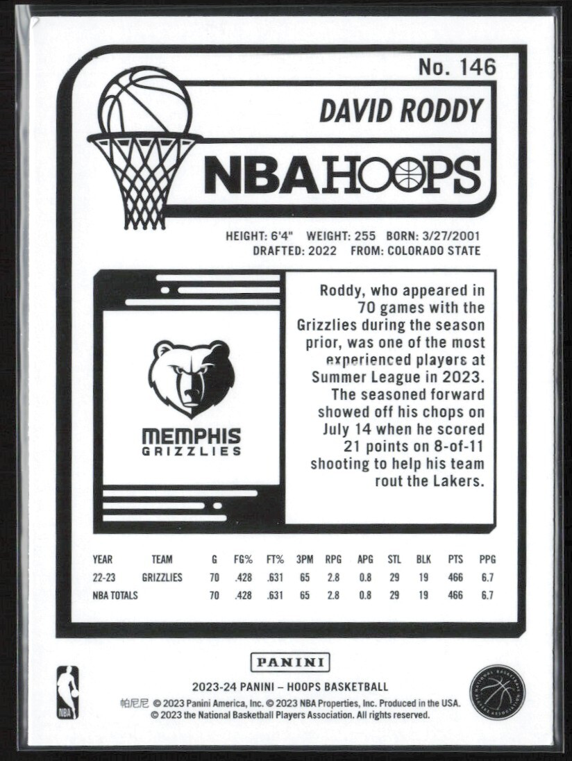 2023 Panini Hoops Purple David Roddy #146 Memphis Grizzlies
