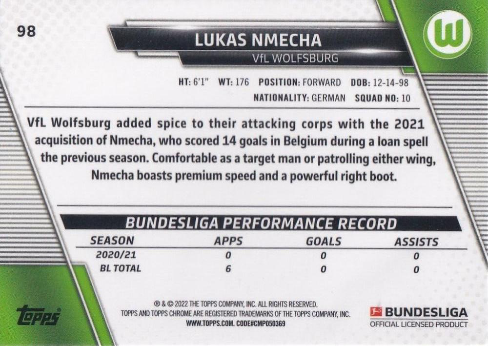 2021 Topps Chrome Bundesliga Lukas Nmecha #98 VfL Wolfsburg