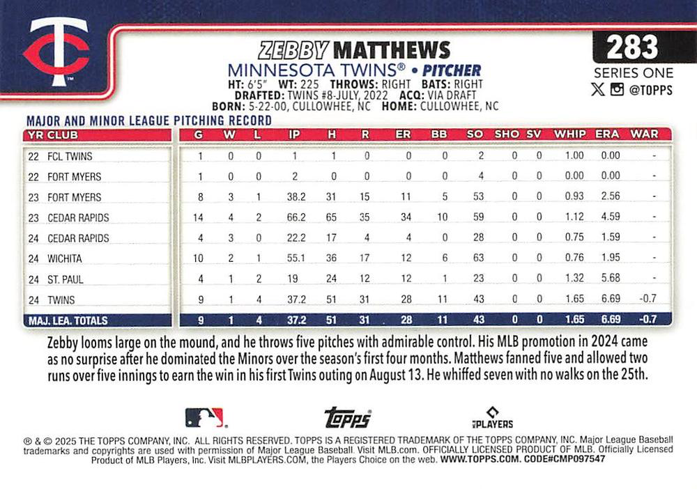 2025 Topps Series 1 Zebby Matthews RC Minnesota Twins #283
