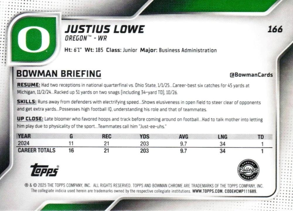 2025 Topps Bowman U Chrome Justius Lowe 1st #166 Oregon Ducks