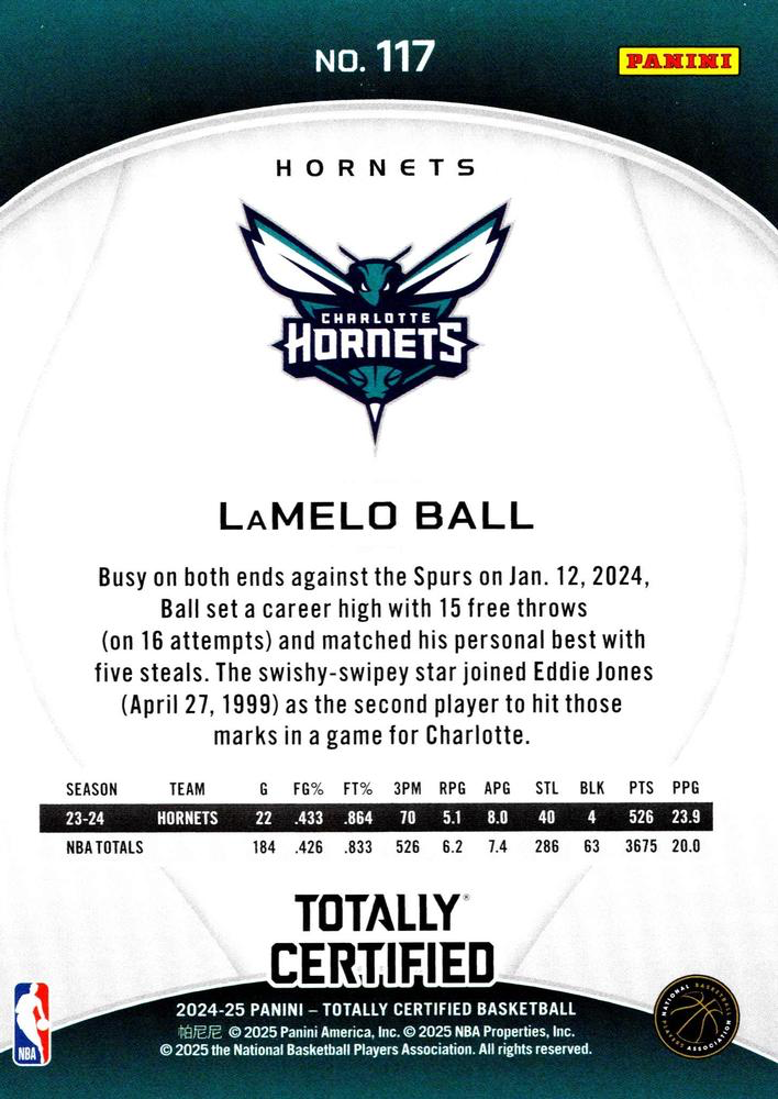 2024 Panini Totally Certified LaMelo Ball #117 Charlotte Hornets