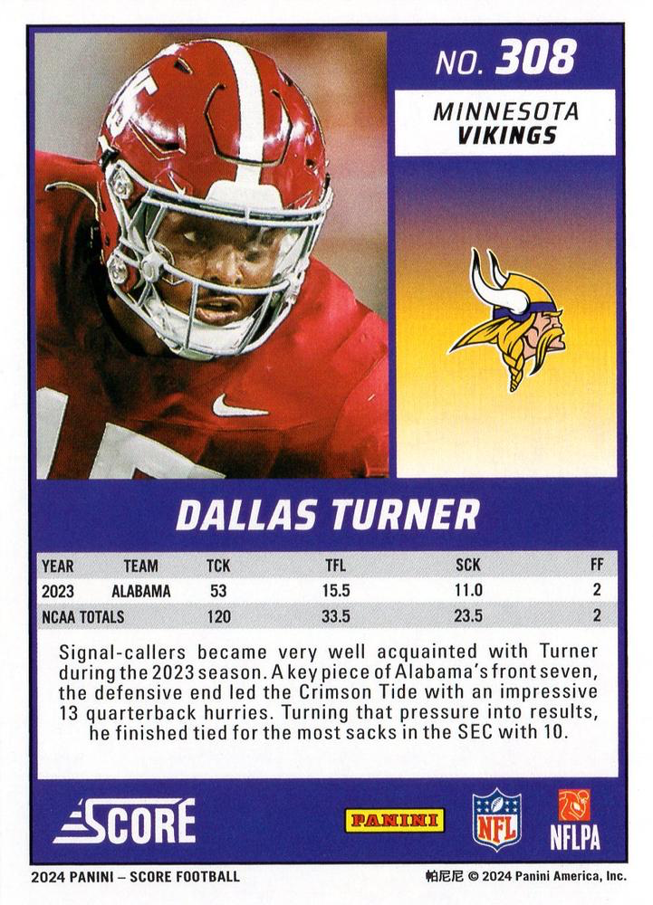 2024 Panini Score Football Dallas Turner Minnesota Vikings #308 RC