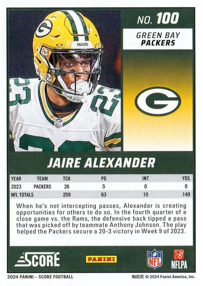 2024 Panini Score Football Jaire Alexander Green Bay Packers #100