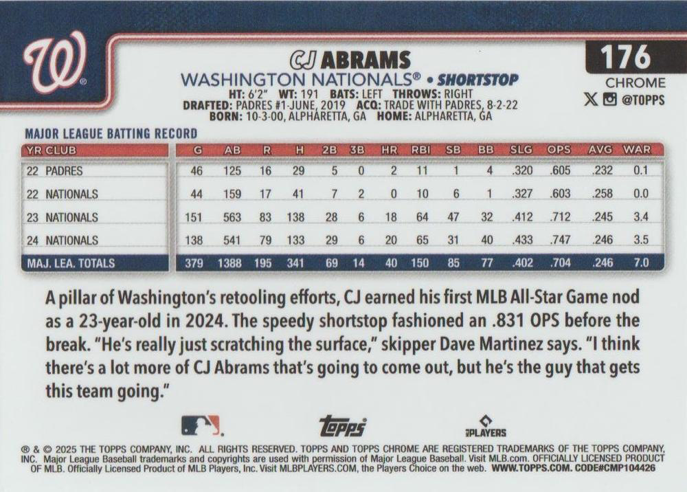 2025 Topps Chrome MLB CJ Abrams #176 Washington Nationals